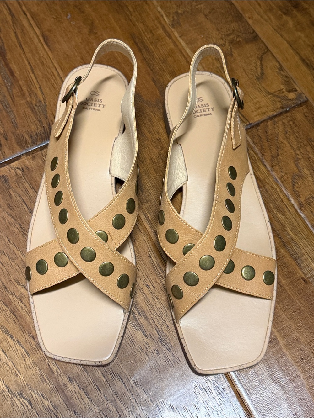 Oasis Society Tan Leather Slingback Sandals with Brass Studs